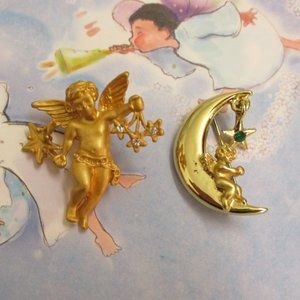 DESIGNER Winged Cherub Angel Brooch Lot ~ RAZZA AAi Rhinestone Gold Cherub Pins